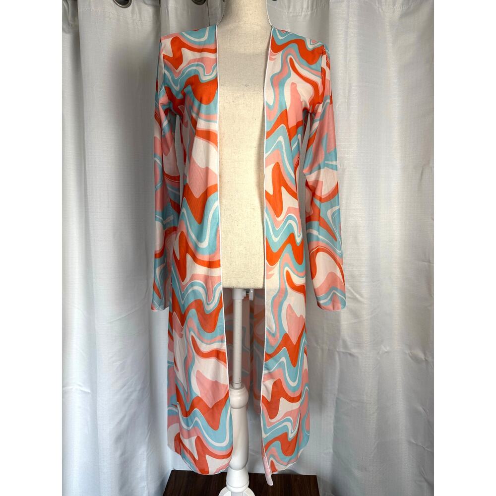 Retro‎ Abstract Print Duster Cardigan Open Front Long Sleeve L